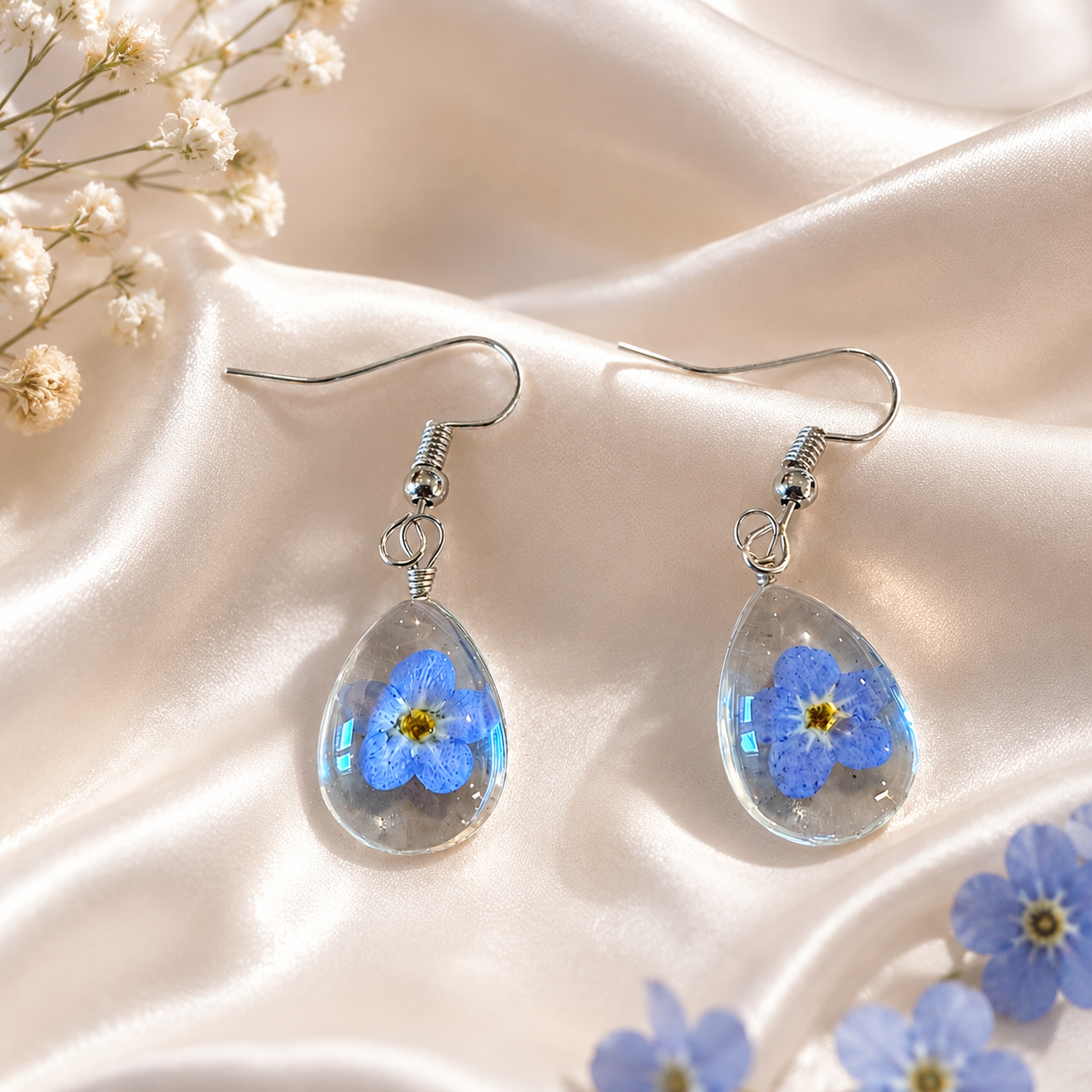 Real Forget Me Not Flower Earrings, Pressed Flower Resin Earrings, Blue Floral Teardrop Earrings, Nature Inspired Jewelry, Botanical Gift