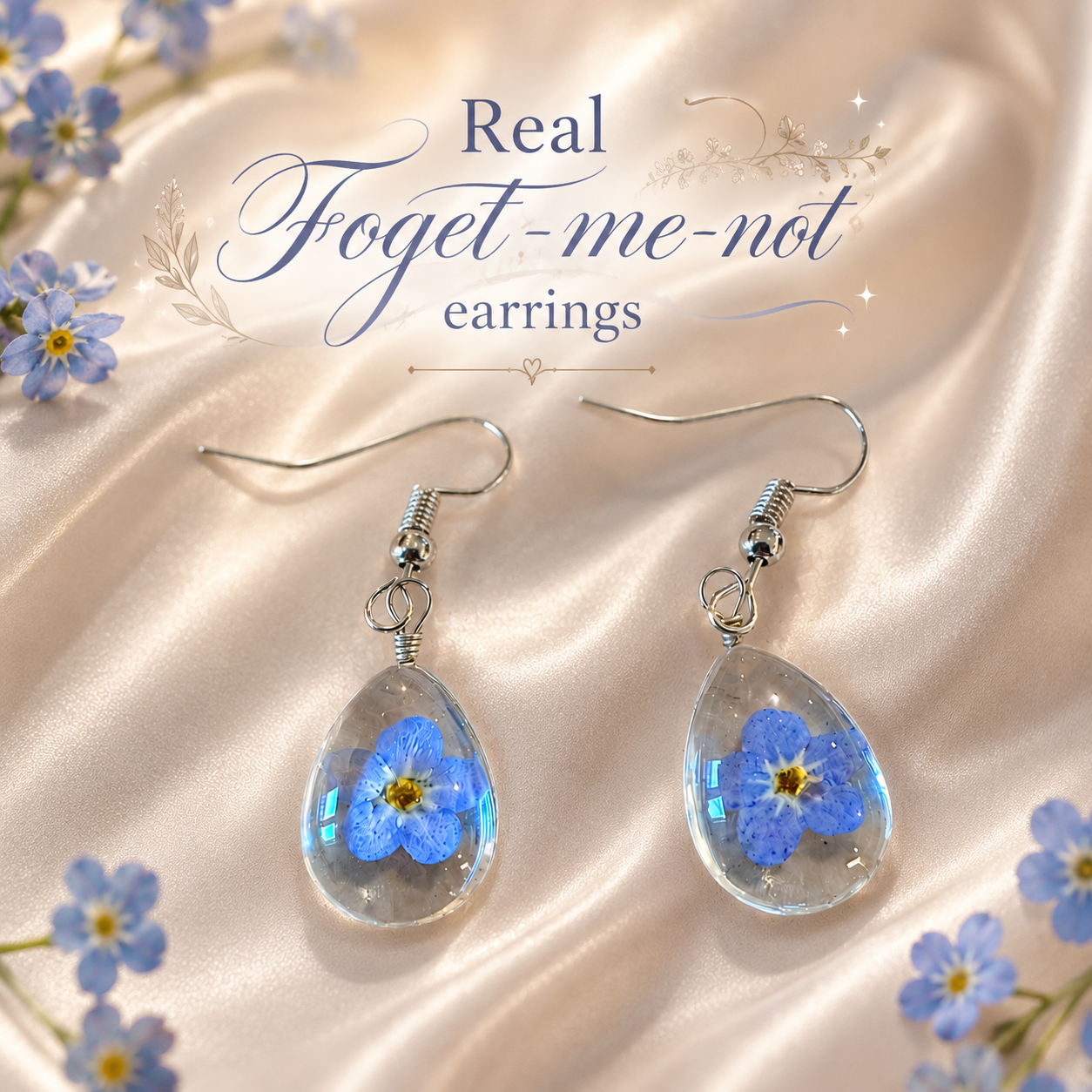 Real Forget Me Not Flower Earrings, Pressed Flower Resin Earrings, Blue Floral Teardrop Earrings, Nature Inspired Jewelry, Botanical Gift