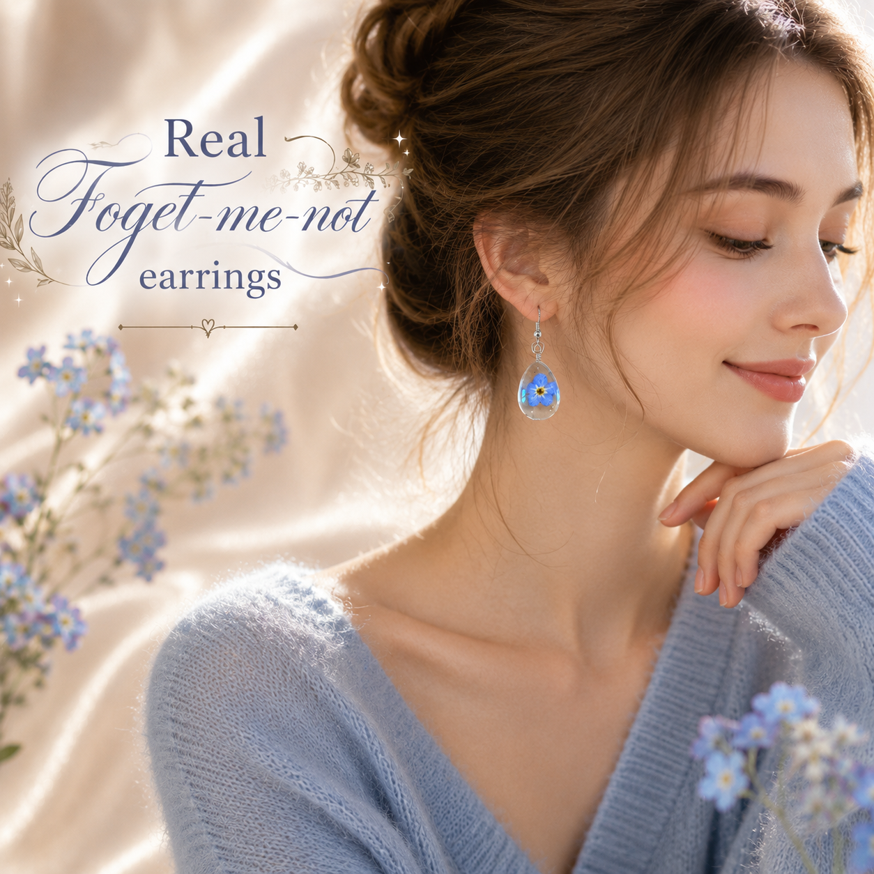 Real Forget Me Not Flower Earrings, Pressed Flower Resin Earrings, Blue Floral Teardrop Earrings, Nature Inspired Jewelry, Botanical Gift