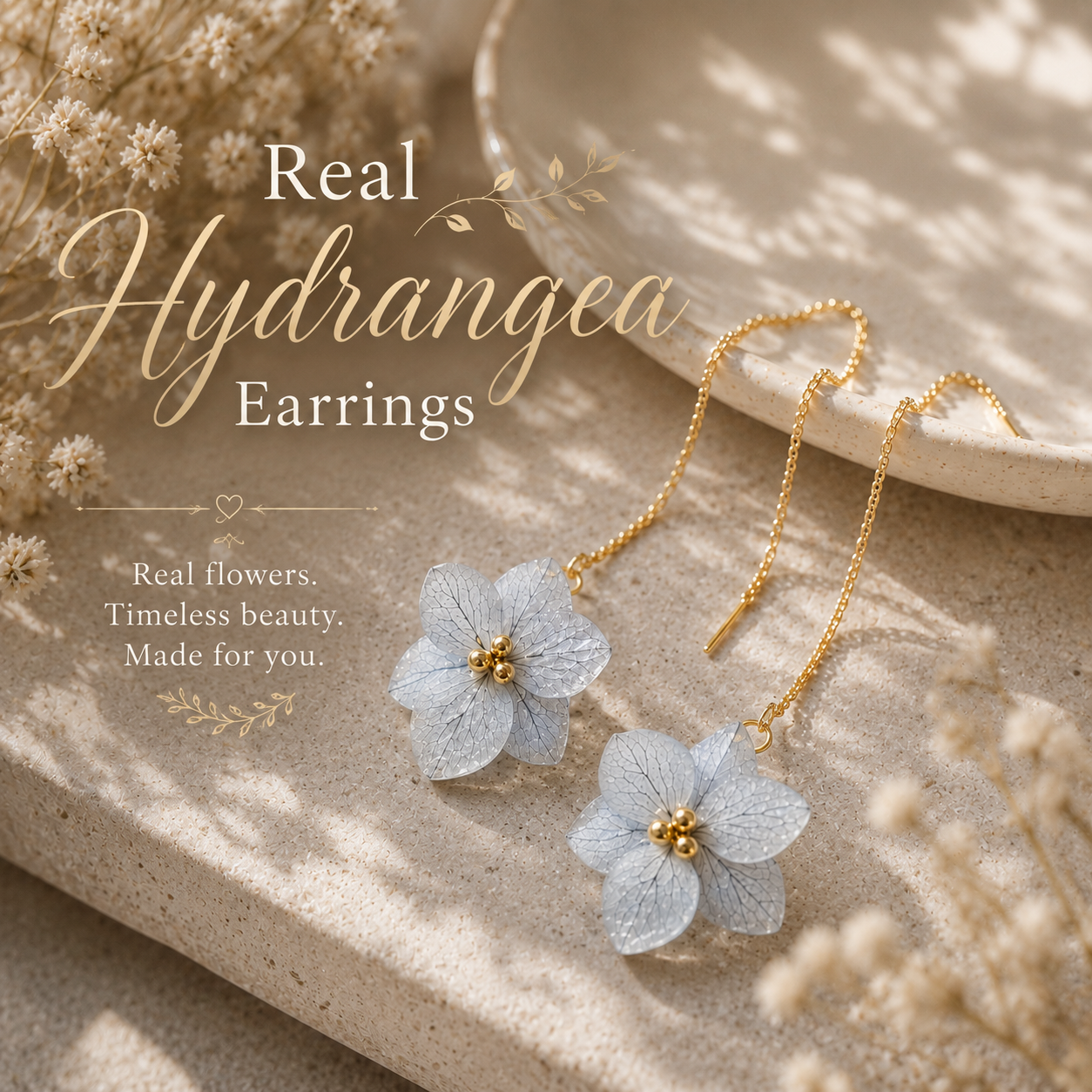 Real Hydrangea Flower Threader Earrings | Handmade Pressed Flower Dangle Earrings | Botanical Gold Chain Earrings | Bridal Wedding Jewelry