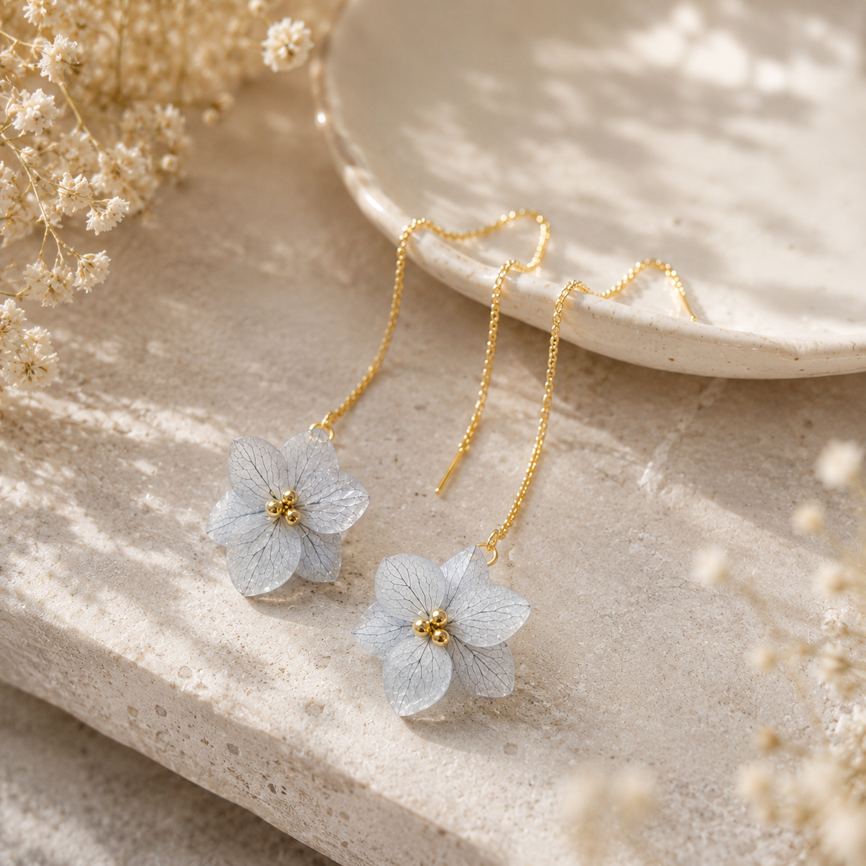 Real Hydrangea Flower Threader Earrings | Handmade Pressed Flower Dangle Earrings | Botanical Gold Chain Earrings | Bridal Wedding Jewelry