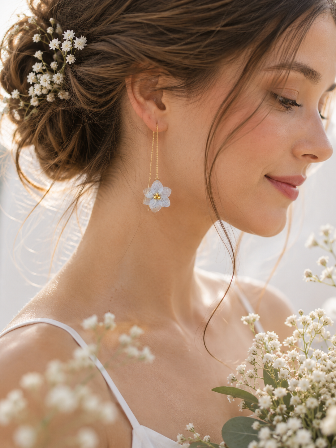 Real Hydrangea Flower Threader Earrings | Handmade Pressed Flower Dangle Earrings | Botanical Gold Chain Earrings | Bridal Wedding Jewelry