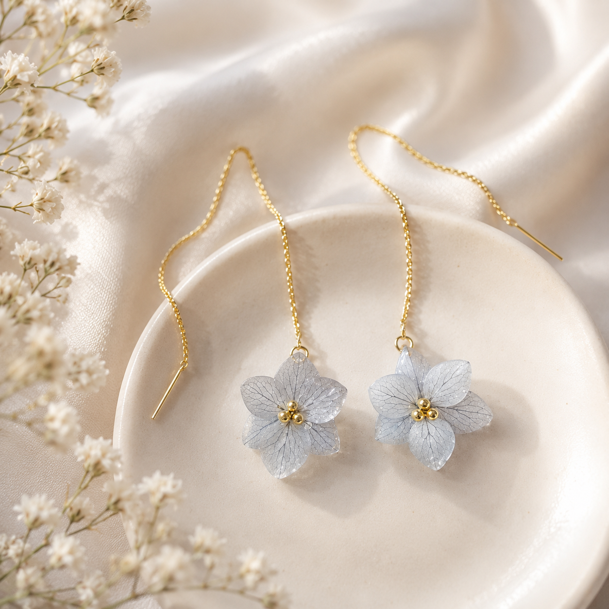 Real Hydrangea Flower Threader Earrings | Handmade Pressed Flower Dangle Earrings | Botanical Gold Chain Earrings | Bridal Wedding Jewelry