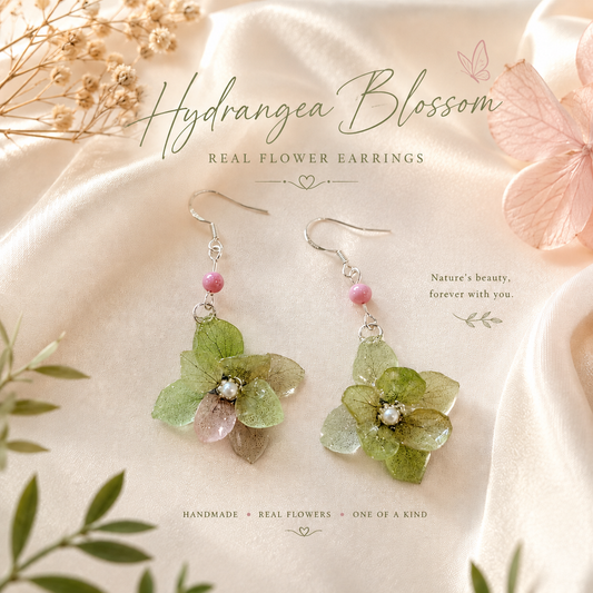 Real Hydrangea Flower Earrings, Pressed Flower Earrings, Green Floral Dangle Earrings, Botanical Jewelry, Nature Inspired Gift for Her
