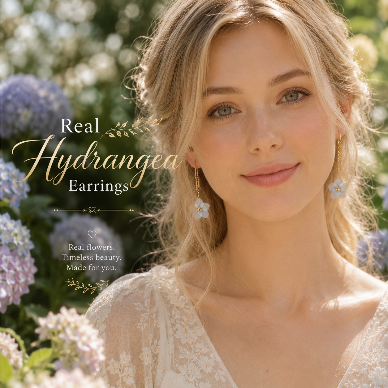 Real Hydrangea Flower Threader Earrings | Handmade Pressed Flower Dangle Earrings | Botanical Gold Chain Earrings | Bridal Wedding Jewelry
