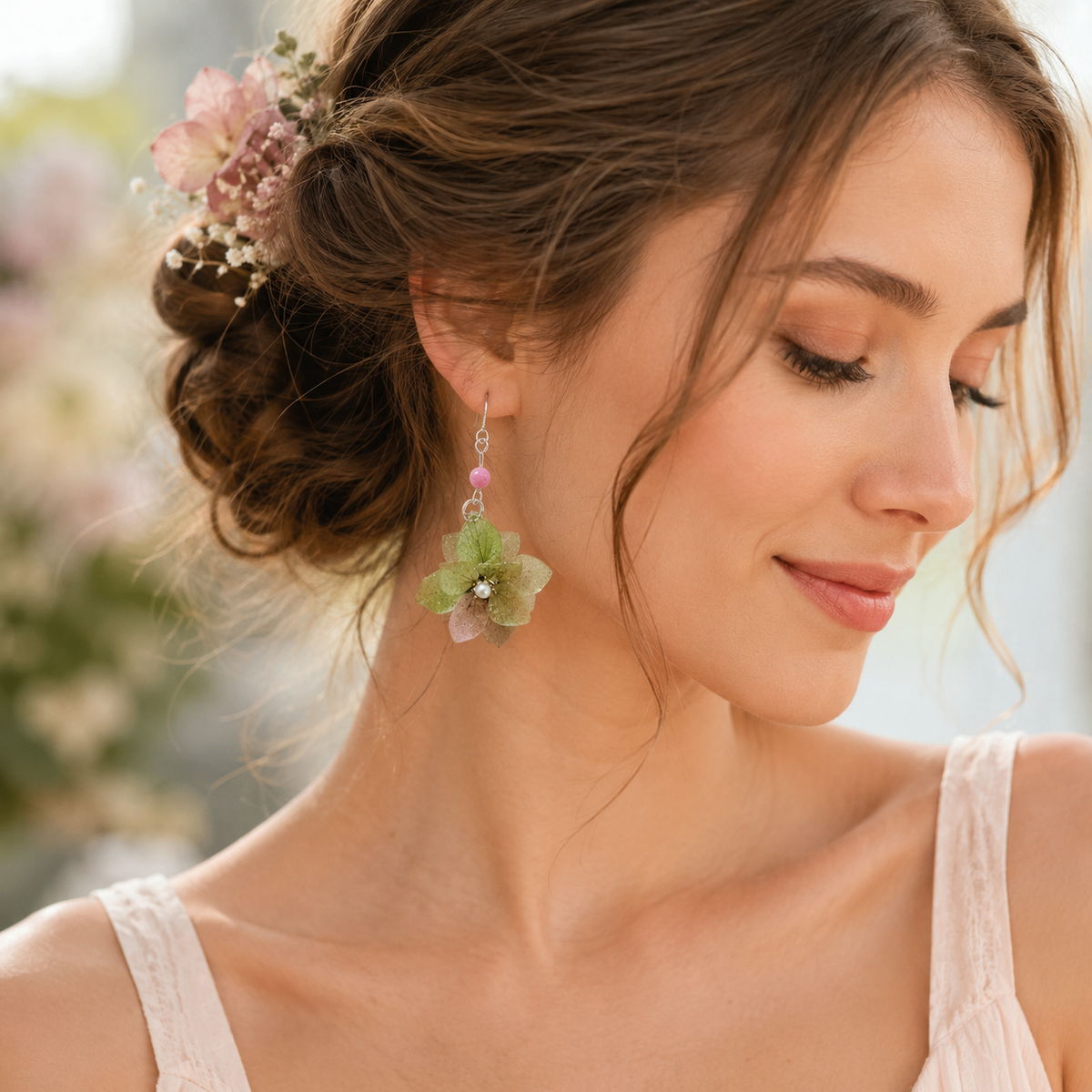 Real Hydrangea Flower Earrings, Pressed Flower Earrings, Green Floral Dangle Earrings, Botanical Jewelry, Nature Inspired Gift for Her
