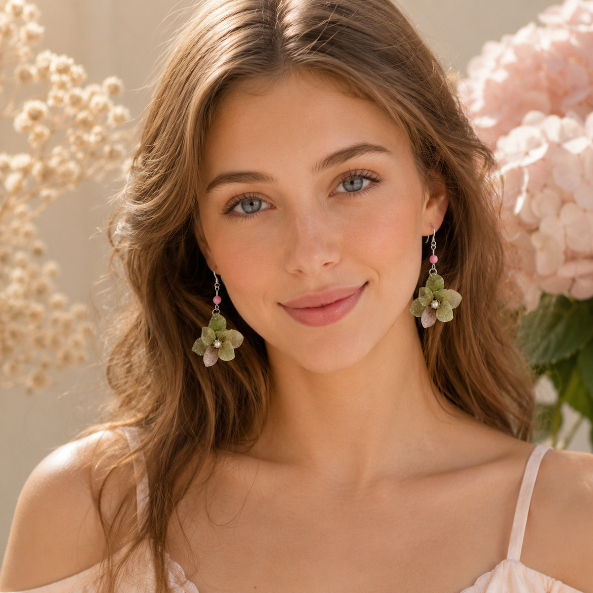 Real Hydrangea Flower Earrings, Pressed Flower Earrings, Green Floral Dangle Earrings, Botanical Jewelry, Nature Inspired Gift for Her