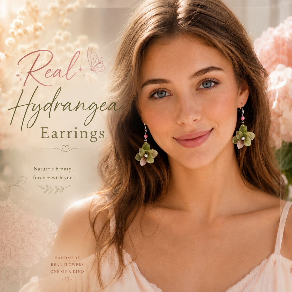 Real Hydrangea Flower Earrings, Pressed Flower Earrings, Green Floral Dangle Earrings, Botanical Jewelry, Nature Inspired Gift for Her