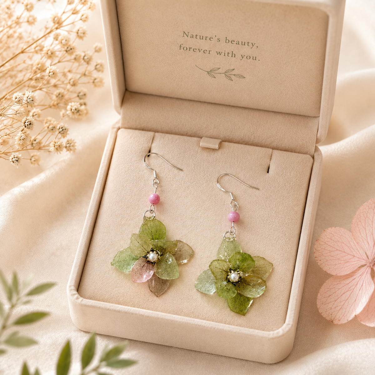 Real Hydrangea Flower Earrings, Pressed Flower Earrings, Green Floral Dangle Earrings, Botanical Jewelry, Nature Inspired Gift for Her