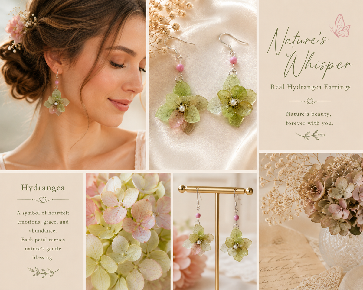 Real Hydrangea Flower Earrings, Pressed Flower Earrings, Green Floral Dangle Earrings, Botanical Jewelry, Nature Inspired Gift for Her