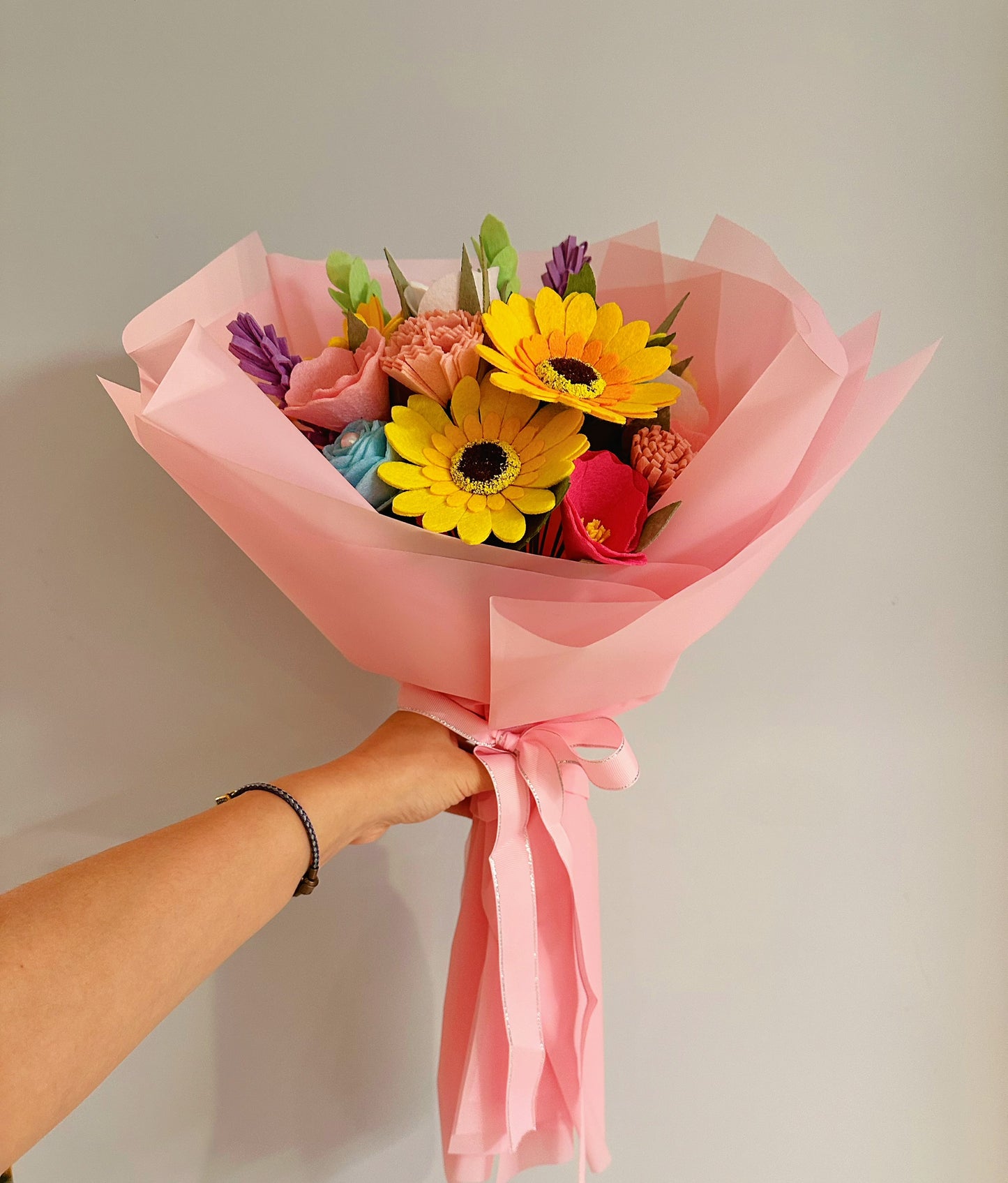 Handmade felt flower bouquet, Sunflowers, Carnations, lavenders, Roses, Morning glories