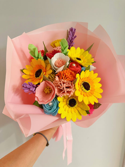 Handmade felt flower bouquet, Sunflowers, Carnations, lavenders, Roses, Morning glories