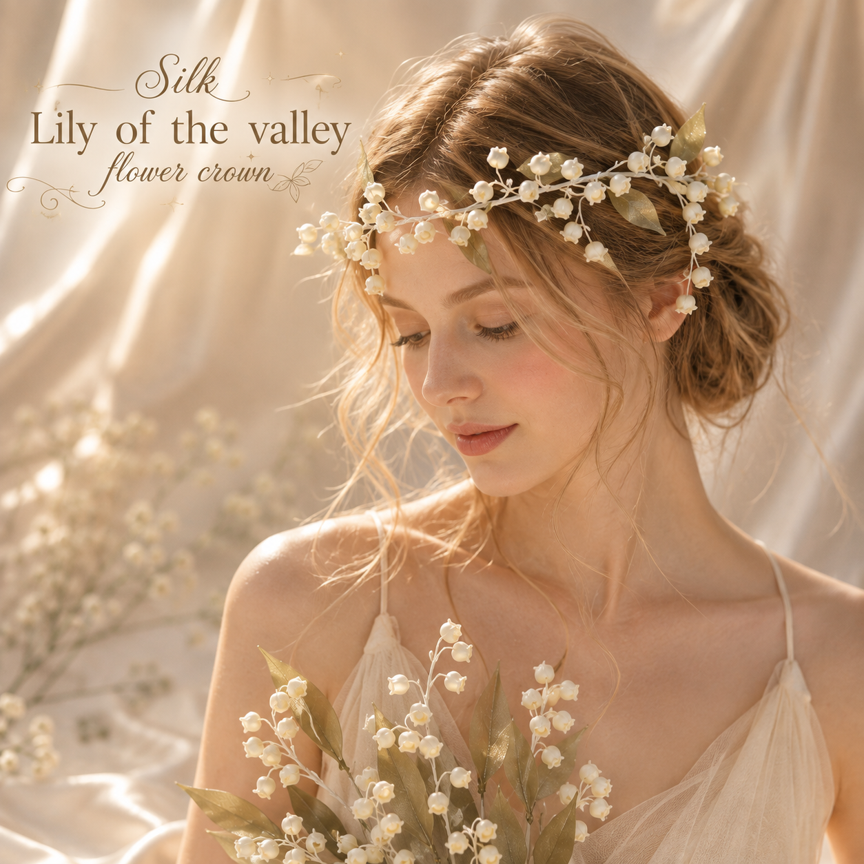 Silk Lily of the Valley Flower Crown, Bridal Floral Crown, White Wedding Halo Headpiece, Fairy Woodland Head Wreath, Bride Hair Accessory