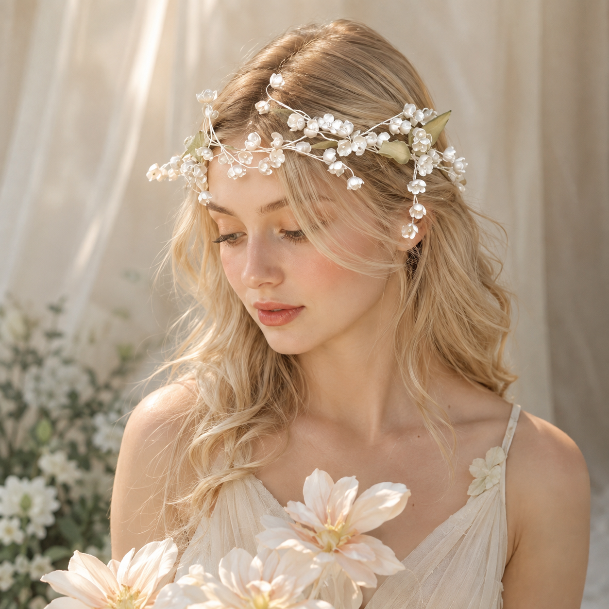 Silk Lily of the Valley Flower Crown, Bridal Floral Crown, White Wedding Halo Headpiece, Fairy Woodland Head Wreath, Bride Hair Accessory
