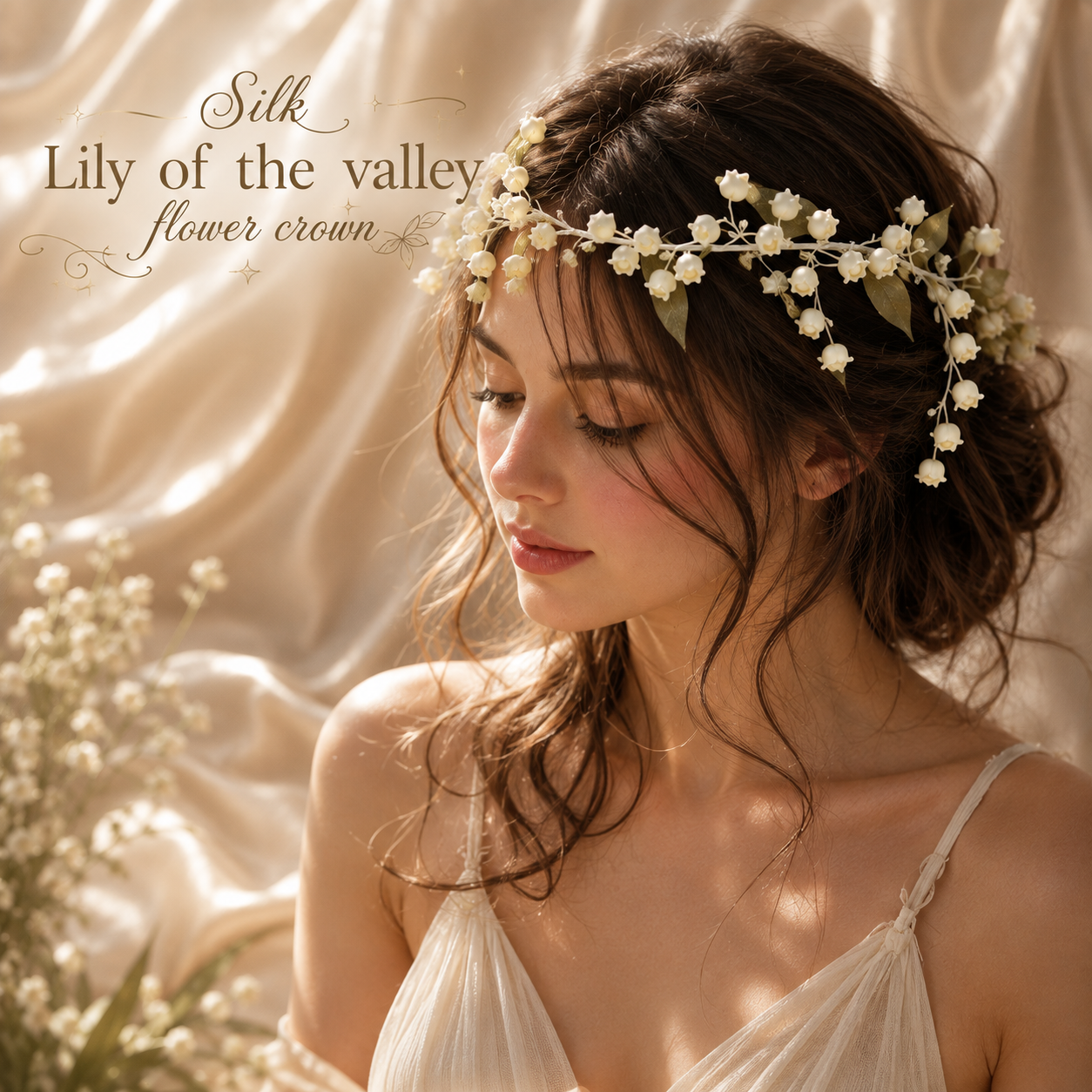 Silk Lily of the Valley Flower Crown, Bridal Floral Crown, White Wedding Halo Headpiece, Fairy Woodland Head Wreath, Bride Hair Accessory