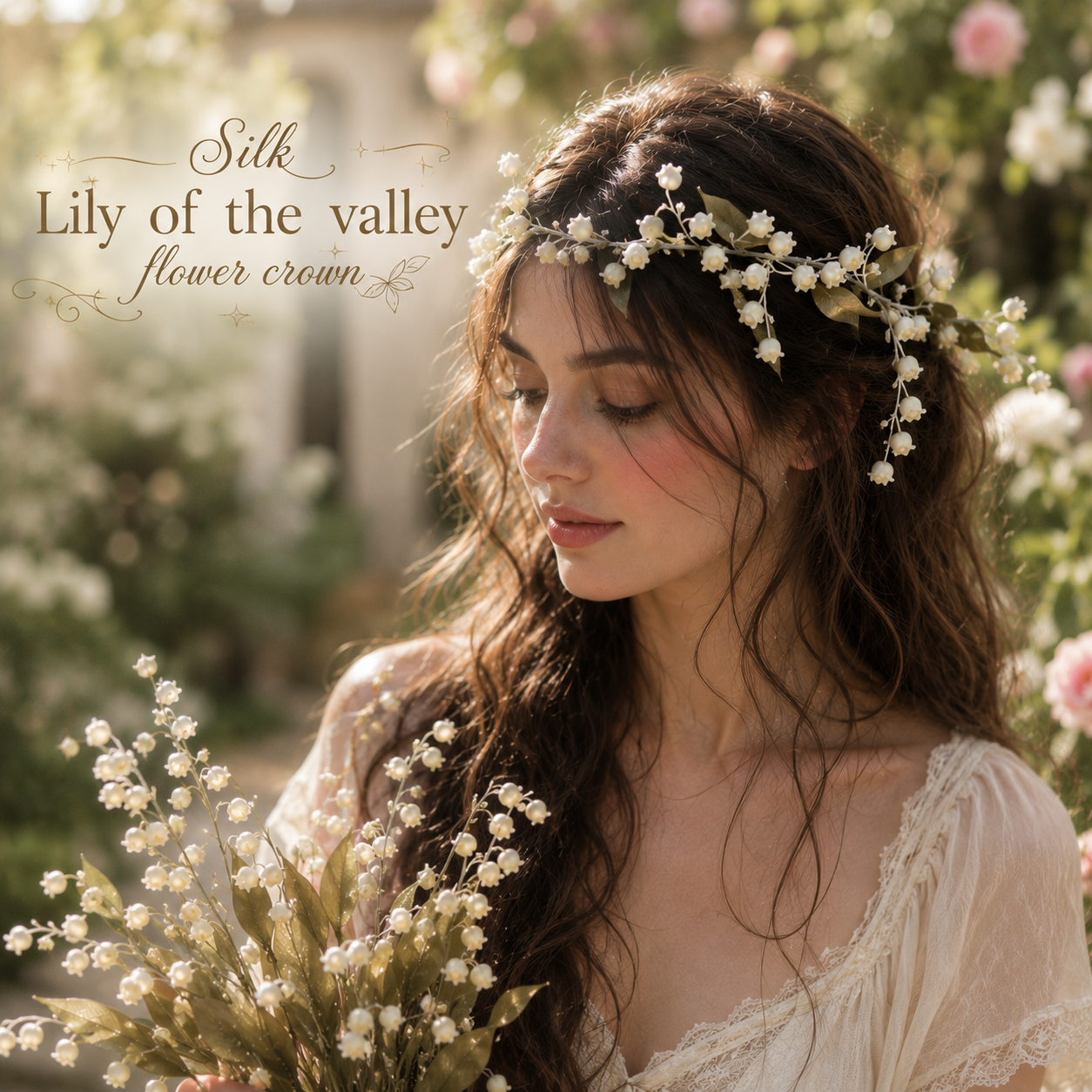 Silk Lily of the Valley Flower Crown, Bridal Floral Crown, White Wedding Halo Headpiece, Fairy Woodland Head Wreath, Bride Hair Accessory