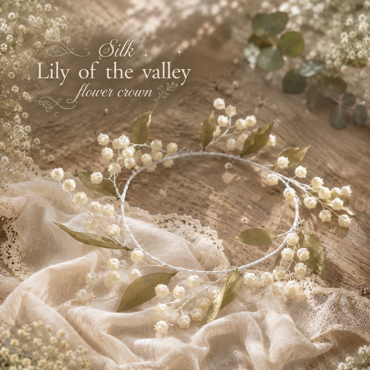 Silk Lily of the Valley Flower Crown, Bridal Floral Crown, White Wedding Halo Headpiece, Fairy Woodland Head Wreath, Bride Hair Accessory