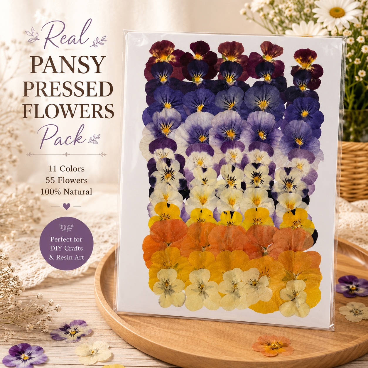 Real Pressed Pansy Flowers Pack | 11 Color Mix | Natural Dried Viola Flowers for Resin, Phone Cases, Bookmarks, Scrapbooking & DIY Craft