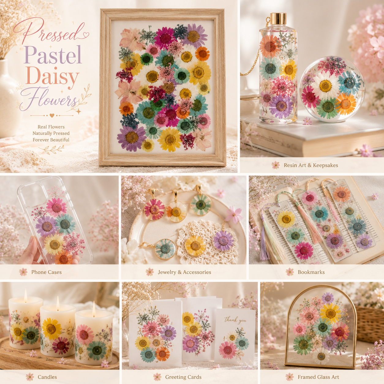 Pressed Pastel Daisy Flowers | Real Dried Daisy Flower Pack | Mixed Color Pressed Flowers for Resin, Nail Art, Crafts & Scrapbooking