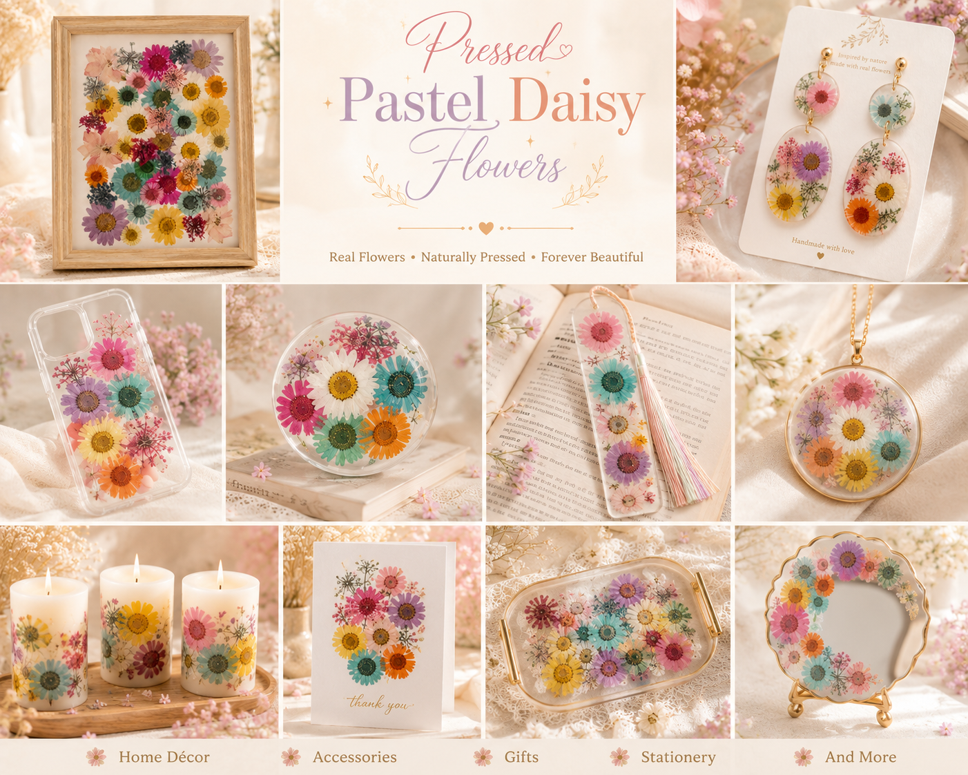 Pressed Pastel Daisy Flowers | Real Dried Daisy Flower Pack | Mixed Color Pressed Flowers for Resin, Nail Art, Crafts & Scrapbooking