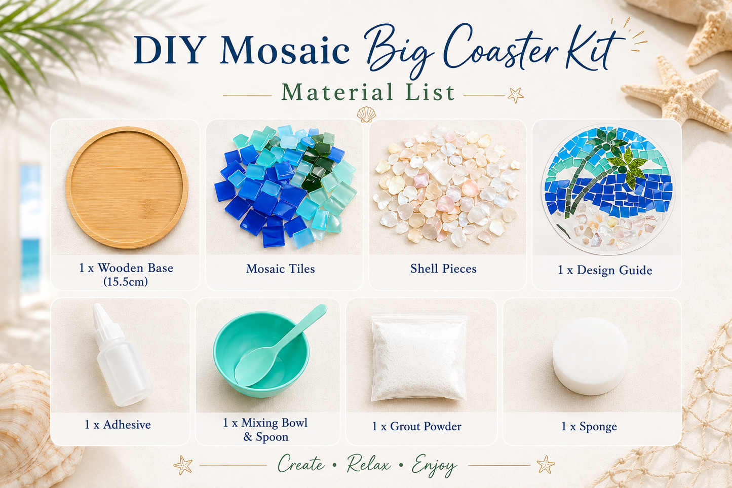 DIY Mosaic Big Coaster Kit, Palm Tree Beach Mosaic Craft Kit, 15.5cm Large Coaster Trivet, Coastal DIY Art Kit, Adult Craft Gift