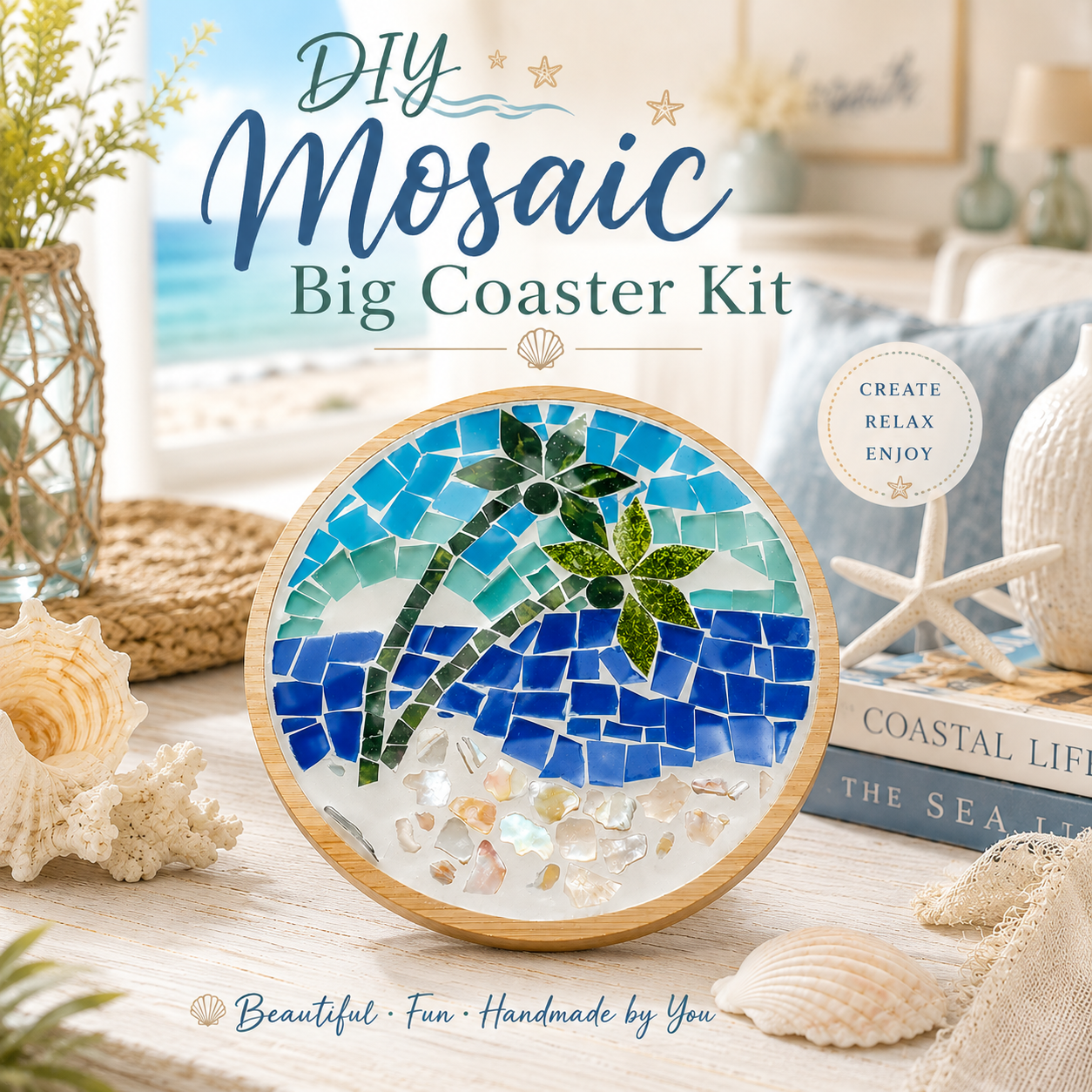 DIY Mosaic Big Coaster Kit, Palm Tree Beach Mosaic Craft Kit, 15.5cm Large Coaster Trivet, Coastal DIY Art Kit, Adult Craft Gift