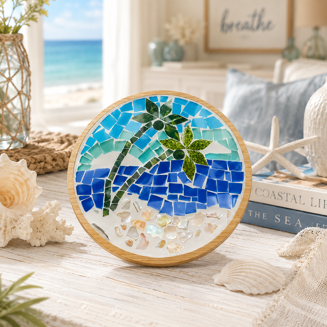 DIY Mosaic Big Coaster Kit, Palm Tree Beach Mosaic Craft Kit, 15.5cm Large Coaster Trivet, Coastal DIY Art Kit, Adult Craft Gift