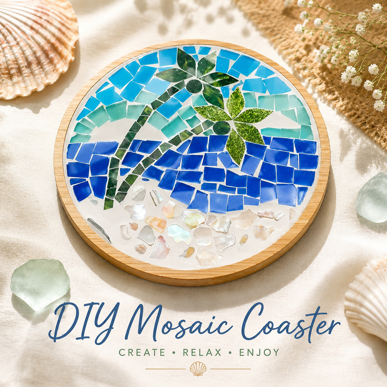 DIY Mosaic Big Coaster Kit, Palm Tree Beach Mosaic Craft Kit, 15.5cm Large Coaster Trivet, Coastal DIY Art Kit, Adult Craft Gift