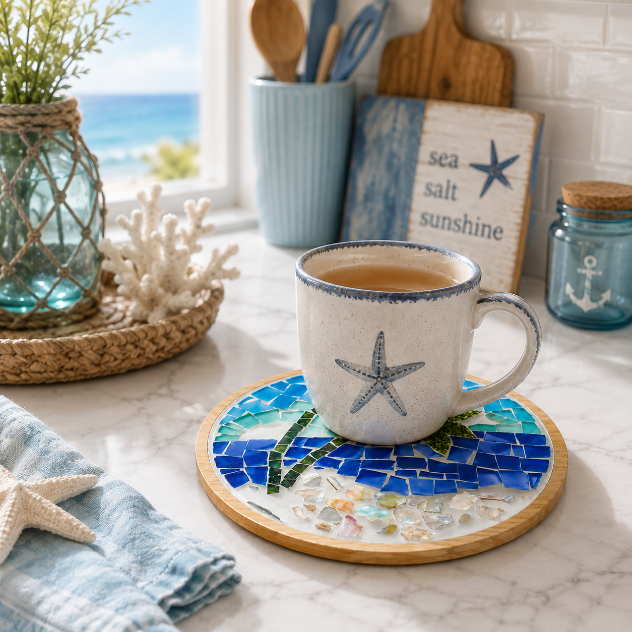 DIY Mosaic Big Coaster Kit, Palm Tree Beach Mosaic Craft Kit, 15.5cm Large Coaster Trivet, Coastal DIY Art Kit, Adult Craft Gift