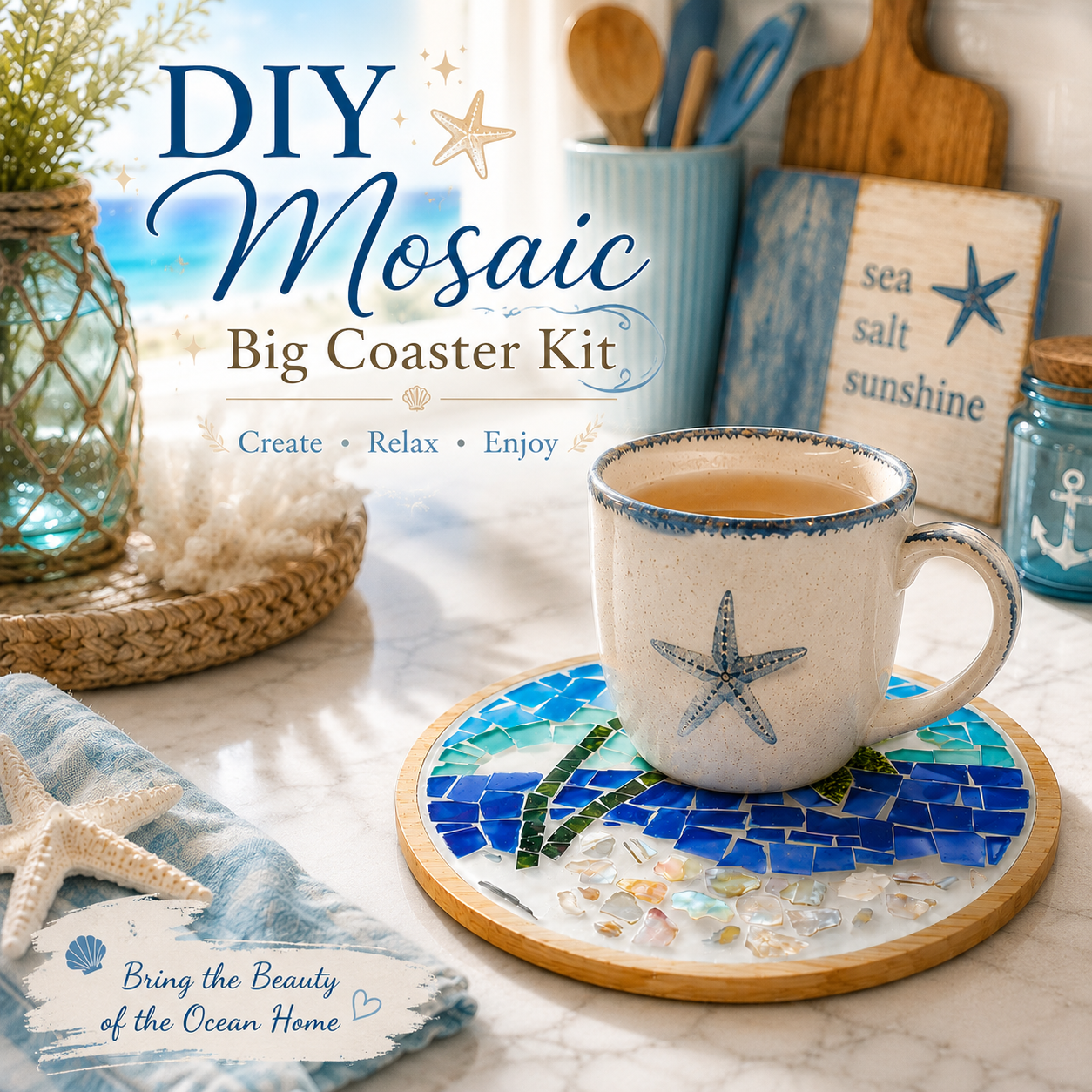 DIY Mosaic Big Coaster Kit, Palm Tree Beach Mosaic Craft Kit, 15.5cm Large Coaster Trivet, Coastal DIY Art Kit, Adult Craft Gift