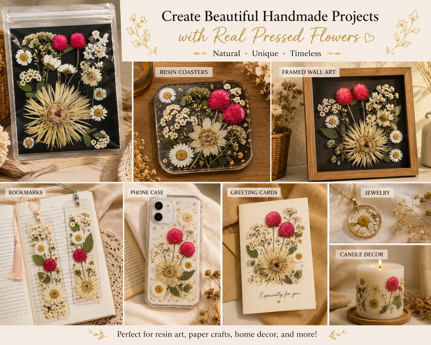 Real Pressed Dried Flower Pack | Natural Mixed Pressed Flowers for Resin Art, Scrapbooking, Card Making, Phone Cases, Jewelry & DIY Crafts