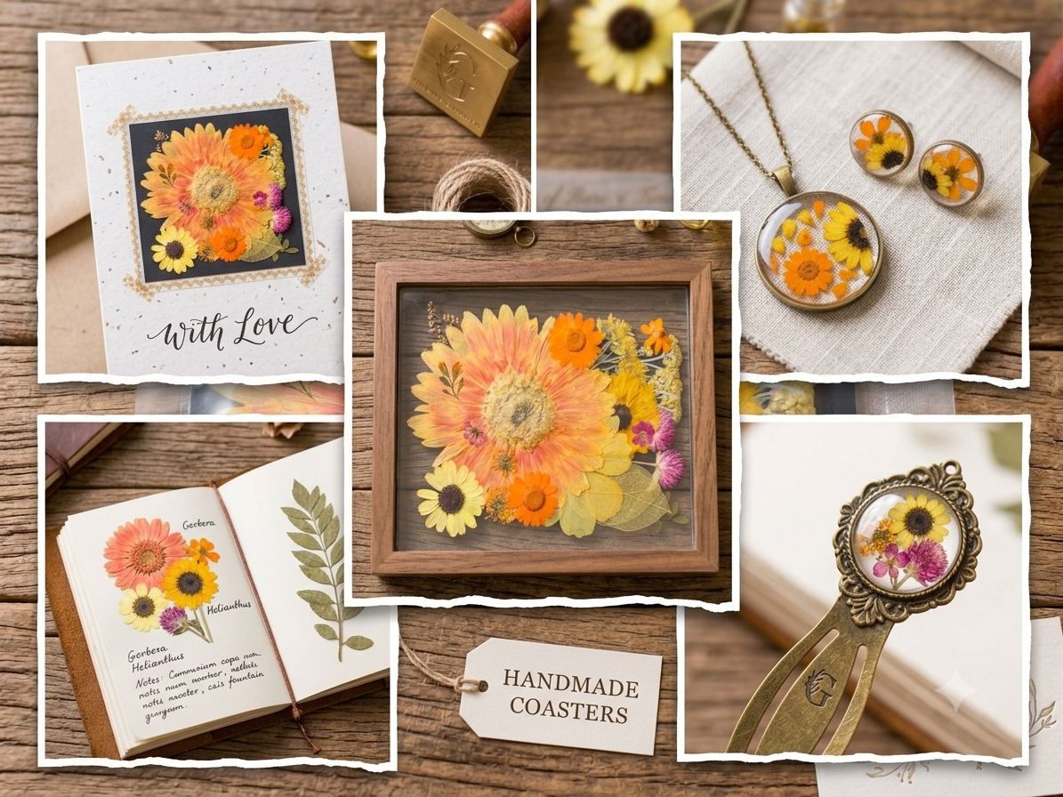 Real Pressed Orange Gerbera Daisy Flower Set | Mixed Dried Flowers for Resin Art, Scrapbooking, Candle Making, Phone Case DIY