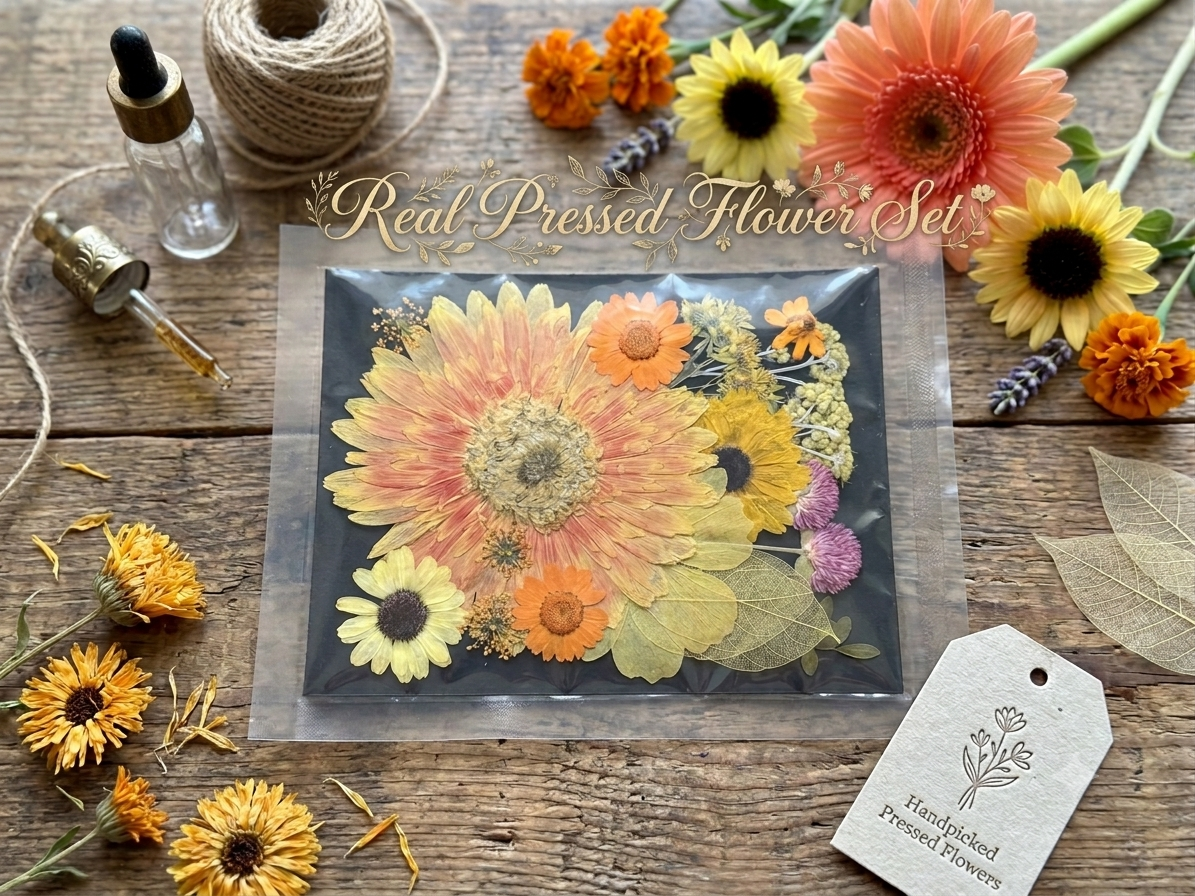 Real Pressed Orange Gerbera Daisy Flower Set | Mixed Dried Flowers for Resin Art, Scrapbooking, Candle Making, Phone Case DIY