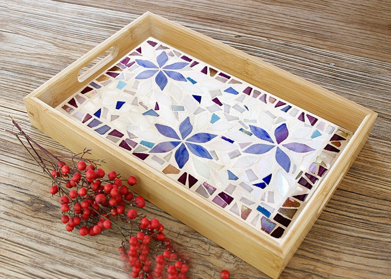 DIY Mosaic wooden tray, DIY food tray, mosaic glass diy kit -Purple flowers pearl rectangle tray