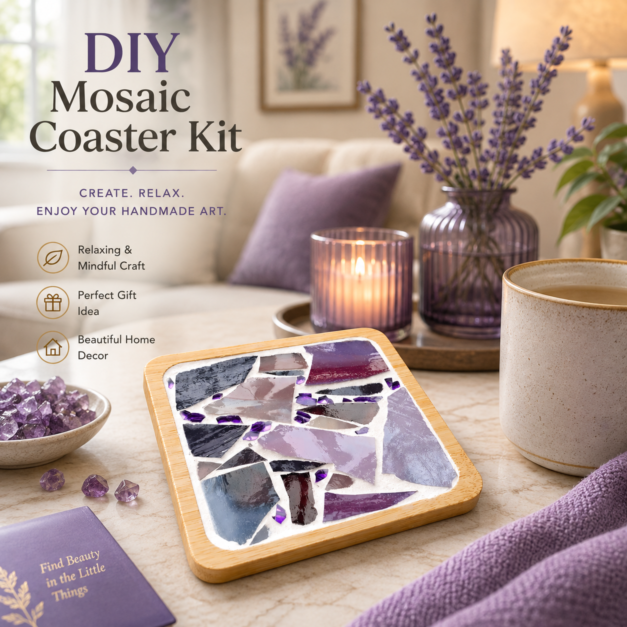 DIY Purple Mosaic Coaster Kit, Lavender Mosaic Craft Kit, Beginner DIY Art Project, Adult Craft Kit, Handmade Coaster, Creative Gift
