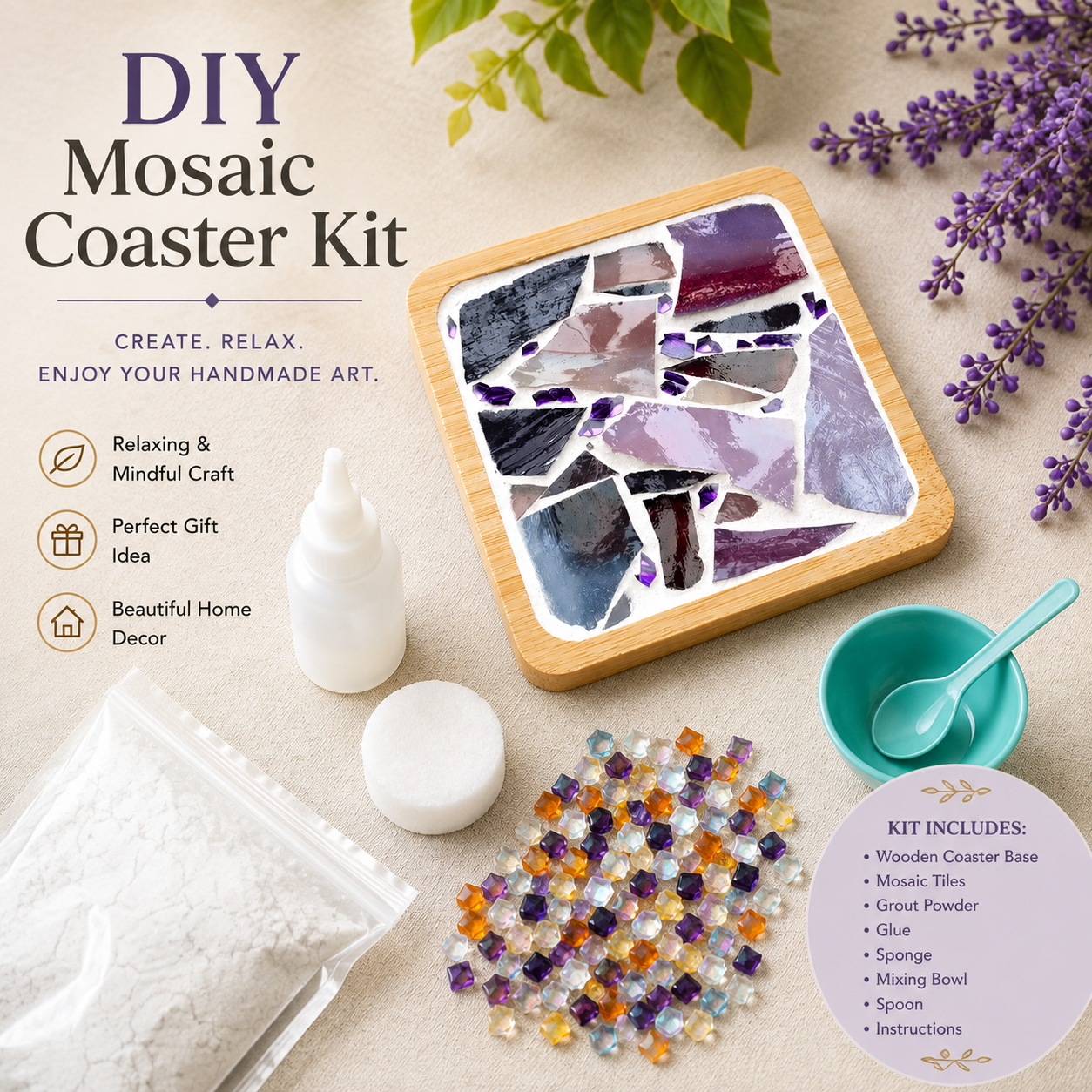 DIY Purple Mosaic Coaster Kit, Lavender Mosaic Craft Kit, Beginner DIY Art Project, Adult Craft Kit, Handmade Coaster, Creative Gift