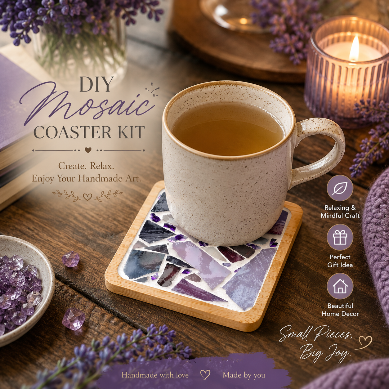 DIY Purple Mosaic Coaster Kit, Lavender Mosaic Craft Kit, Beginner DIY Art Project, Adult Craft Kit, Handmade Coaster, Creative Gift