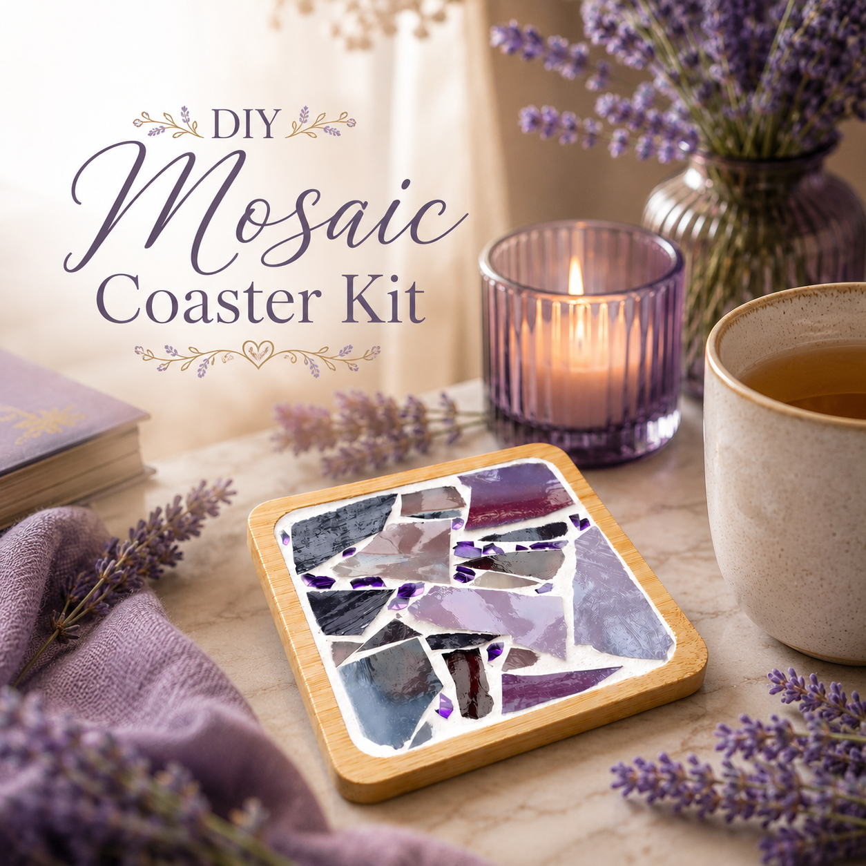 DIY Purple Mosaic Coaster Kit, Lavender Mosaic Craft Kit, Beginner DIY Art Project, Adult Craft Kit, Handmade Coaster, Creative Gift