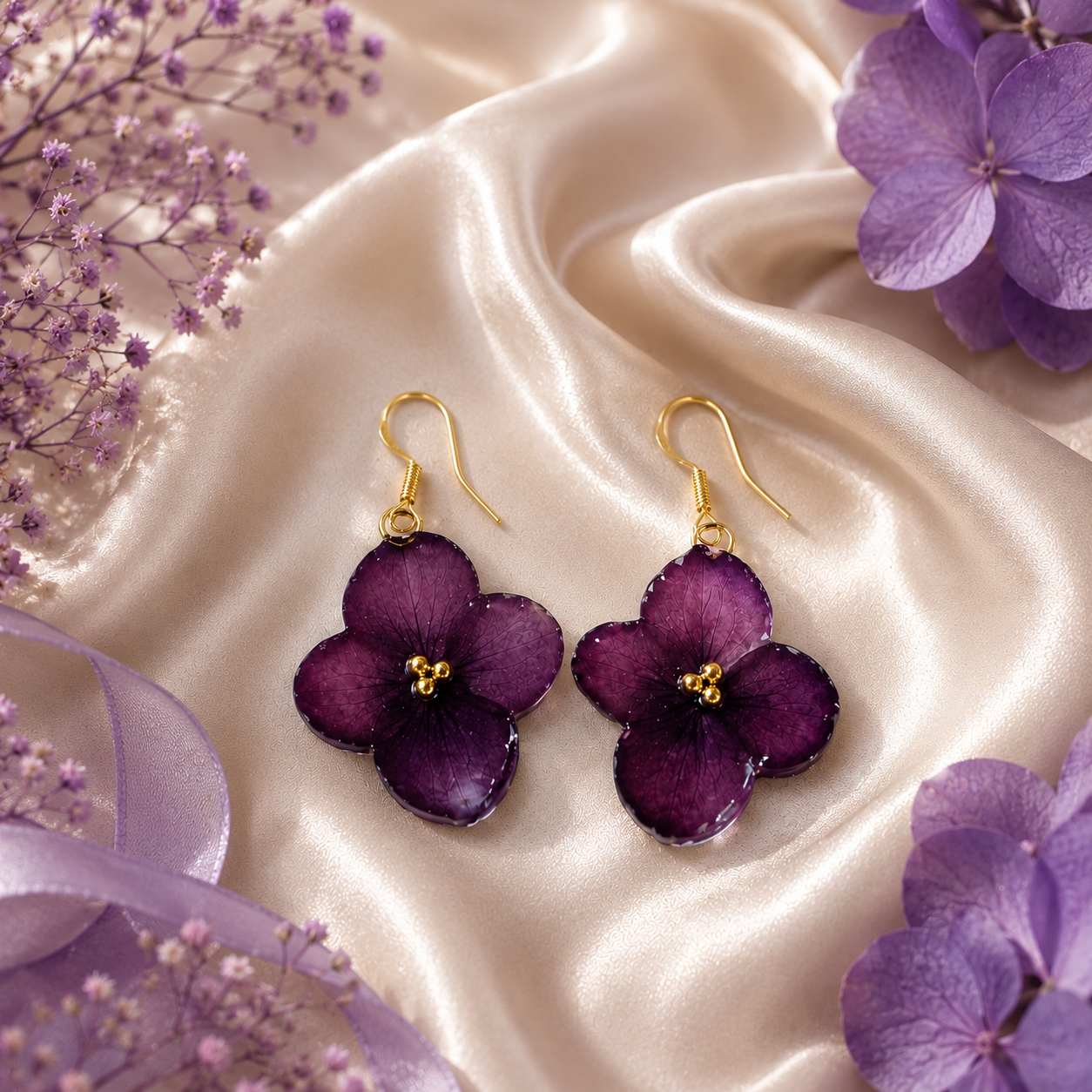Real Purple Hydrangea Flower Earrings | Handmade Pressed Flower Earrings | Gold Dangle Botanical Jewelry | Nature Inspired Gift for Her