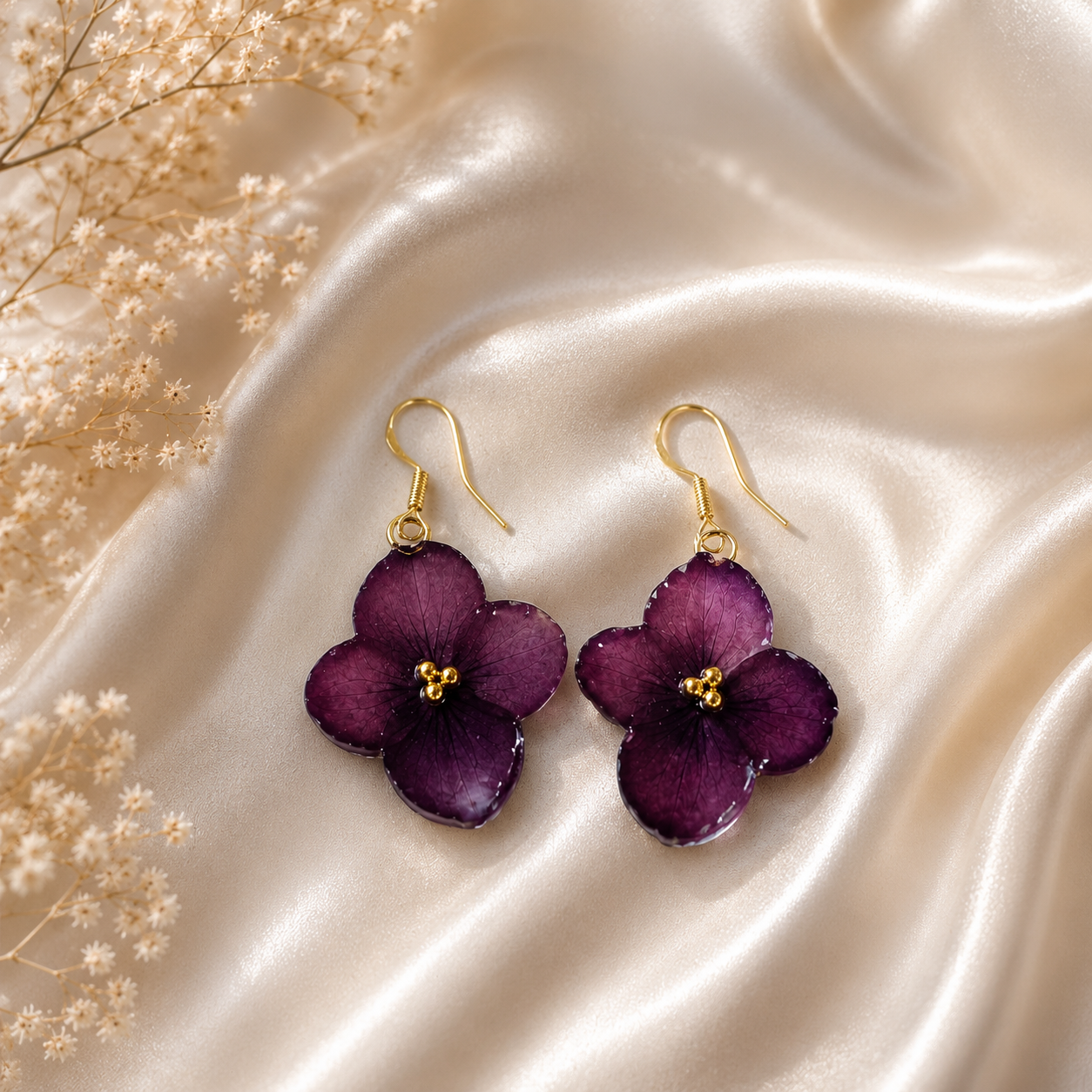 Real Purple Hydrangea Flower Earrings | Handmade Pressed Flower Earrings | Gold Dangle Botanical Jewelry | Nature Inspired Gift for Her