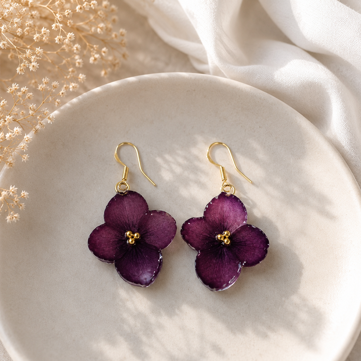 Real Purple Hydrangea Flower Earrings | Handmade Pressed Flower Earrings | Gold Dangle Botanical Jewelry | Nature Inspired Gift for Her