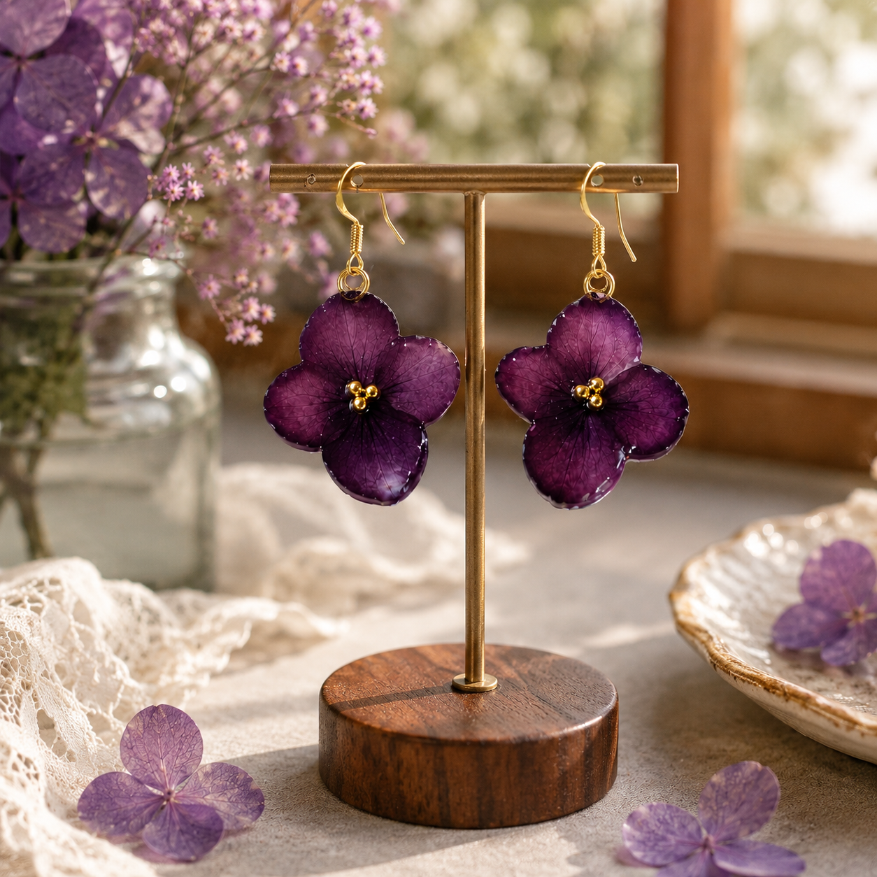 Real Purple Hydrangea Flower Earrings | Handmade Pressed Flower Earrings | Gold Dangle Botanical Jewelry | Nature Inspired Gift for Her