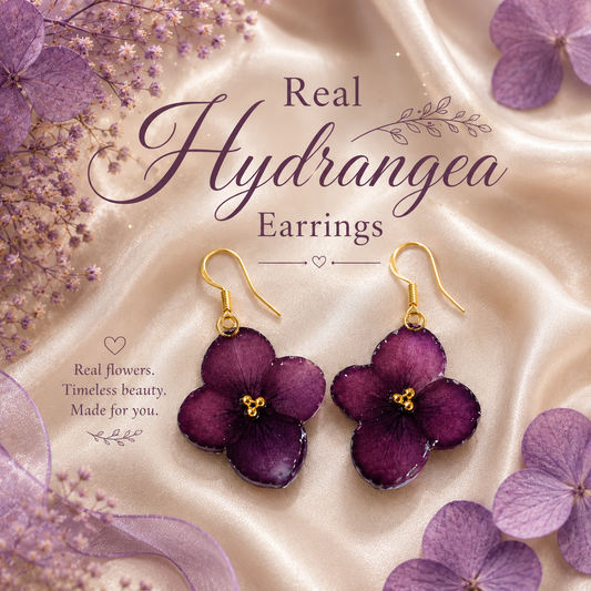 Real Purple Hydrangea Flower Earrings | Handmade Pressed Flower Earrings | Gold Dangle Botanical Jewelry | Nature Inspired Gift for Her