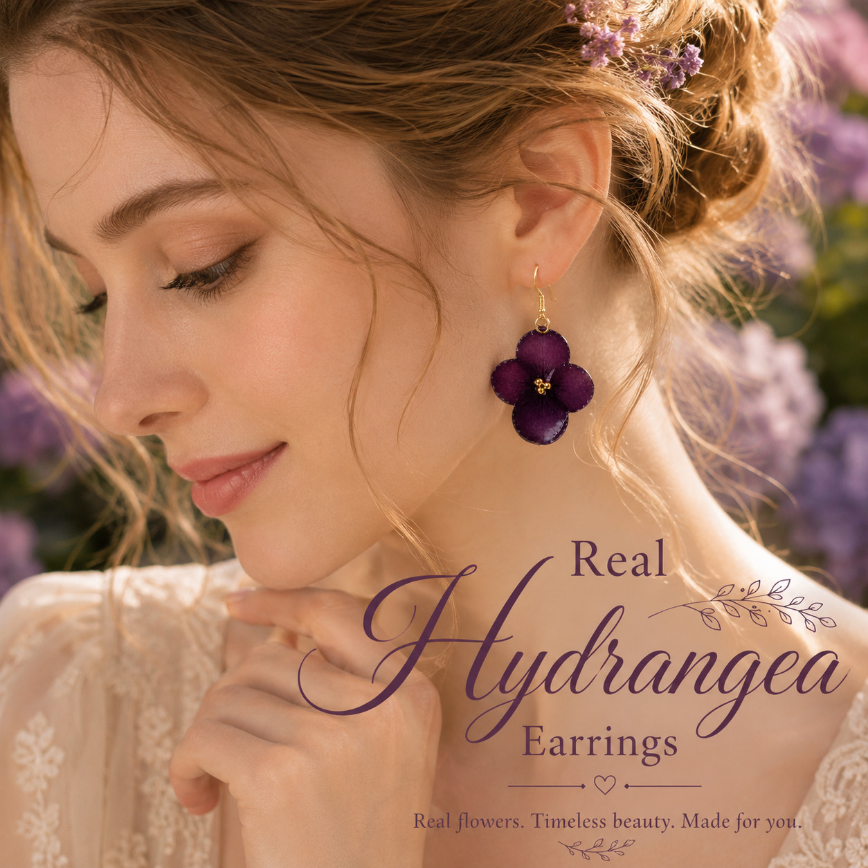 Real Purple Hydrangea Flower Earrings | Handmade Pressed Flower Earrings | Gold Dangle Botanical Jewelry | Nature Inspired Gift for Her