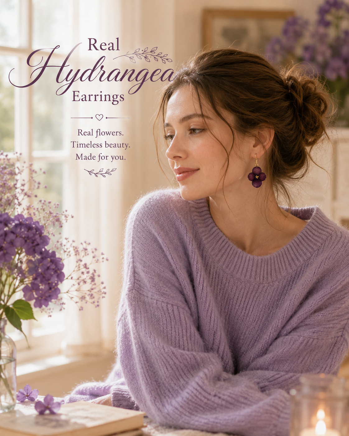 Real Purple Hydrangea Flower Earrings | Handmade Pressed Flower Earrings | Gold Dangle Botanical Jewelry | Nature Inspired Gift for Her