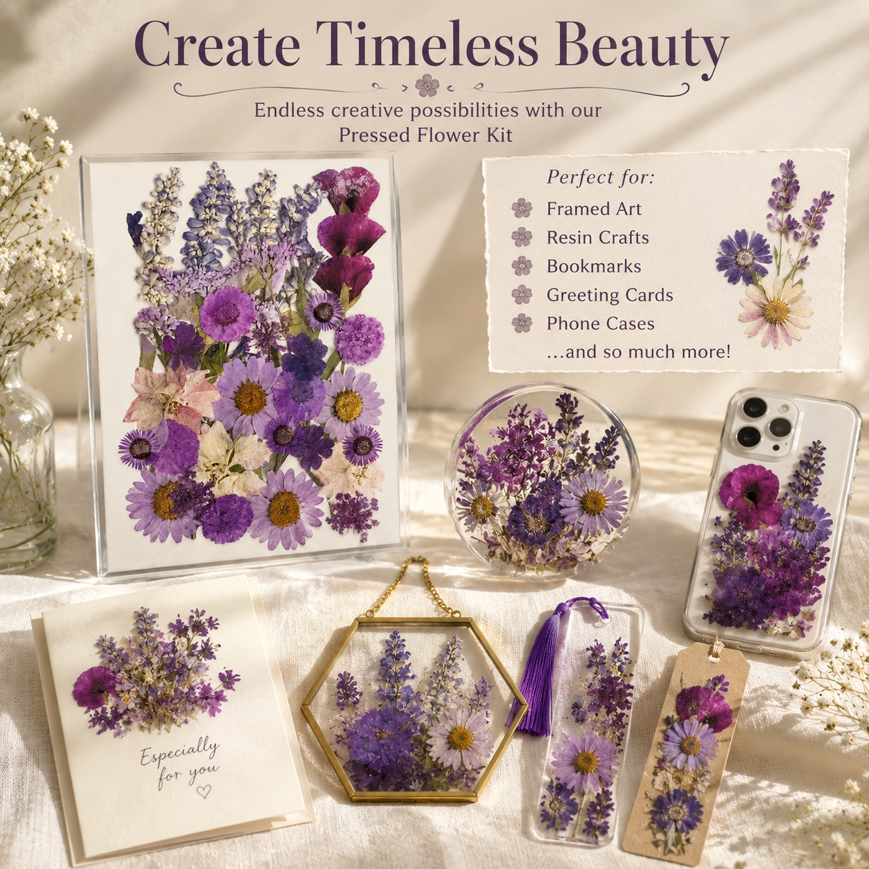 Purple Pressed Flowers Pack | Real Dried Flowers for Resin Art, Card Making, Scrapbooking, DIY Crafts, Jewelry Making, Botanical Decor