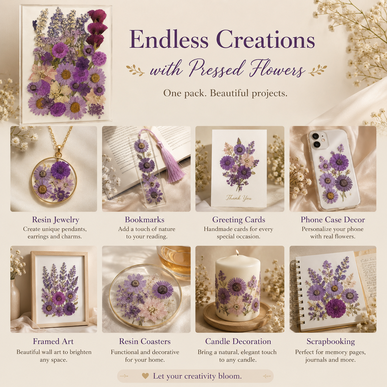 Purple Pressed Flowers Pack | Real Dried Flowers for Resin Art, Card Making, Scrapbooking, DIY Crafts, Jewelry Making, Botanical Decor