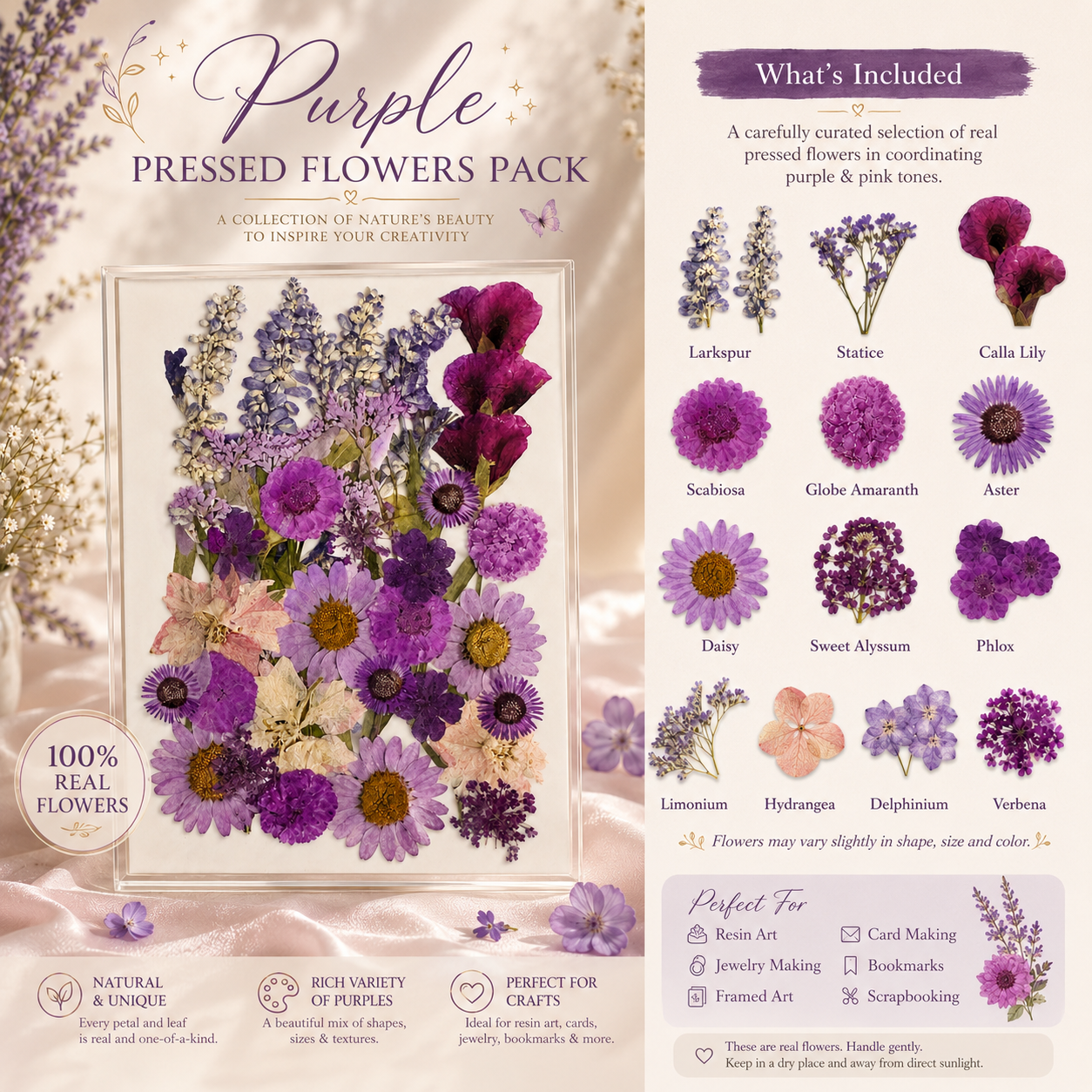 Purple Pressed Flowers Pack | Real Dried Flowers for Resin Art, Card Making, Scrapbooking, DIY Crafts, Jewelry Making, Botanical Decor