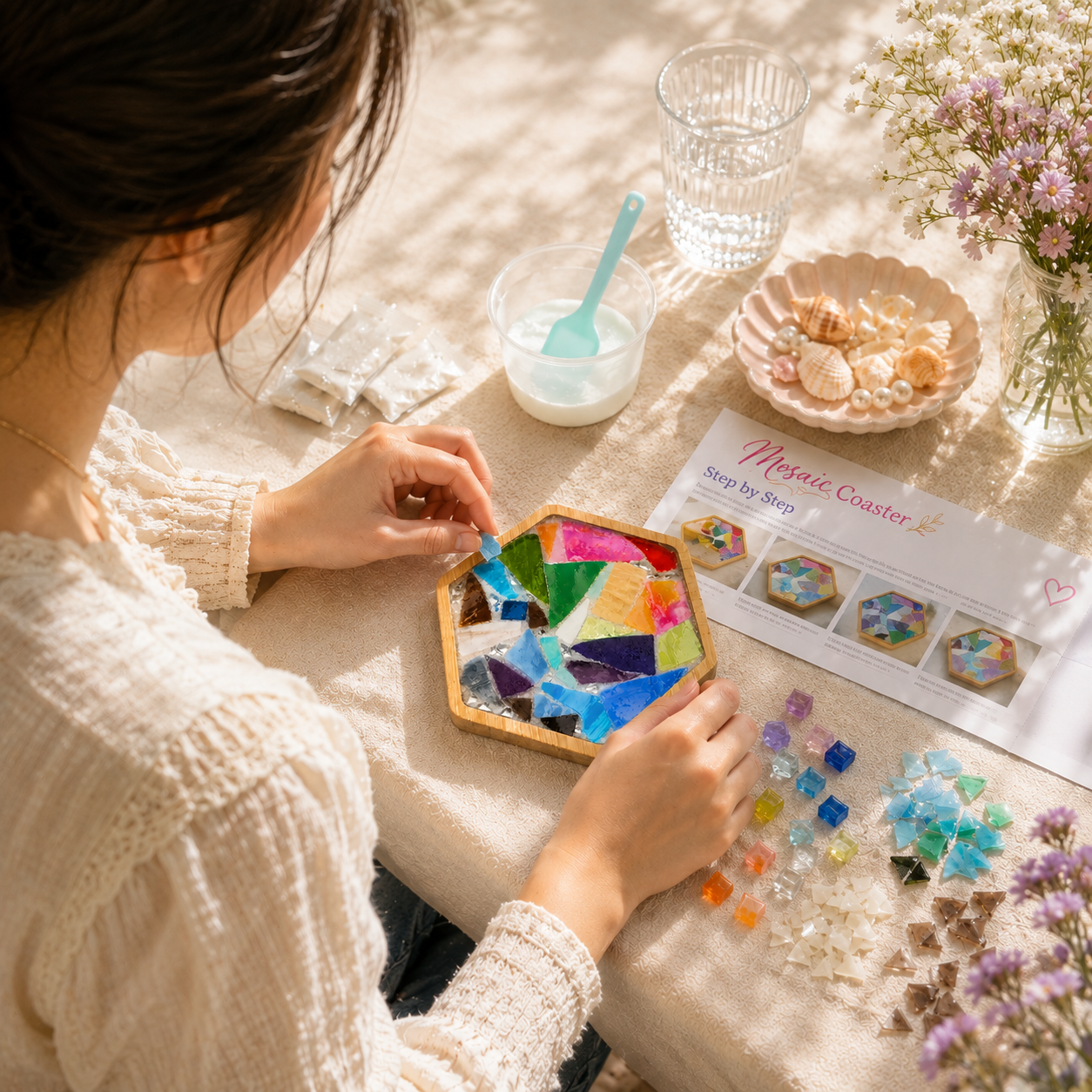 DIY Mosaic Coaster Kit, Colorful Rainbow Mosaic Craft Kit, Beginner Mosaic Art Project, Hexagon Coaster DIY, Adult Craft Gift