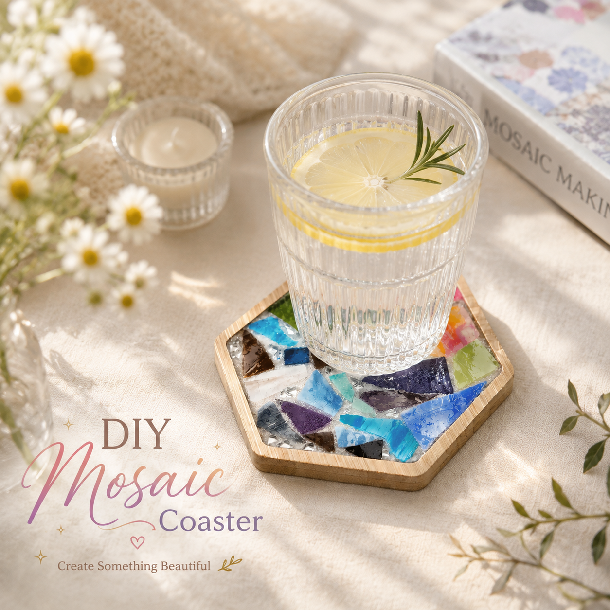 DIY Mosaic Coaster Kit, Colorful Rainbow Mosaic Craft Kit, Beginner Mosaic Art Project, Hexagon Coaster DIY, Adult Craft Gift
